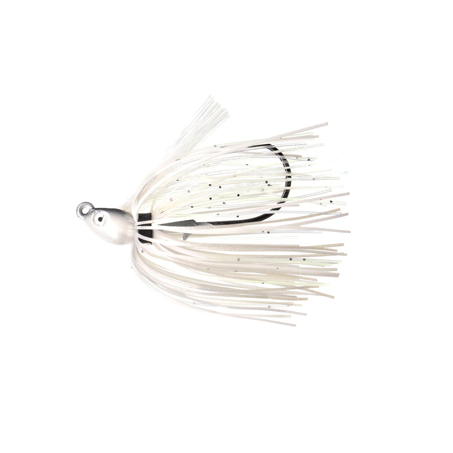 The Dirty Jigs Swim Jig by Dirty Jigs features a white skirt of thin, translucent strands and a large Mustad hook, expertly designed to mimic baitfish and attract fish.