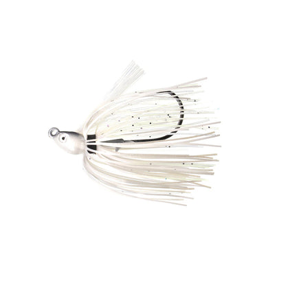 The Dirty Jigs Swim Jig by Dirty Jigs features a white skirt of thin, translucent strands and a large Mustad hook, expertly designed to mimic baitfish and attract fish.
