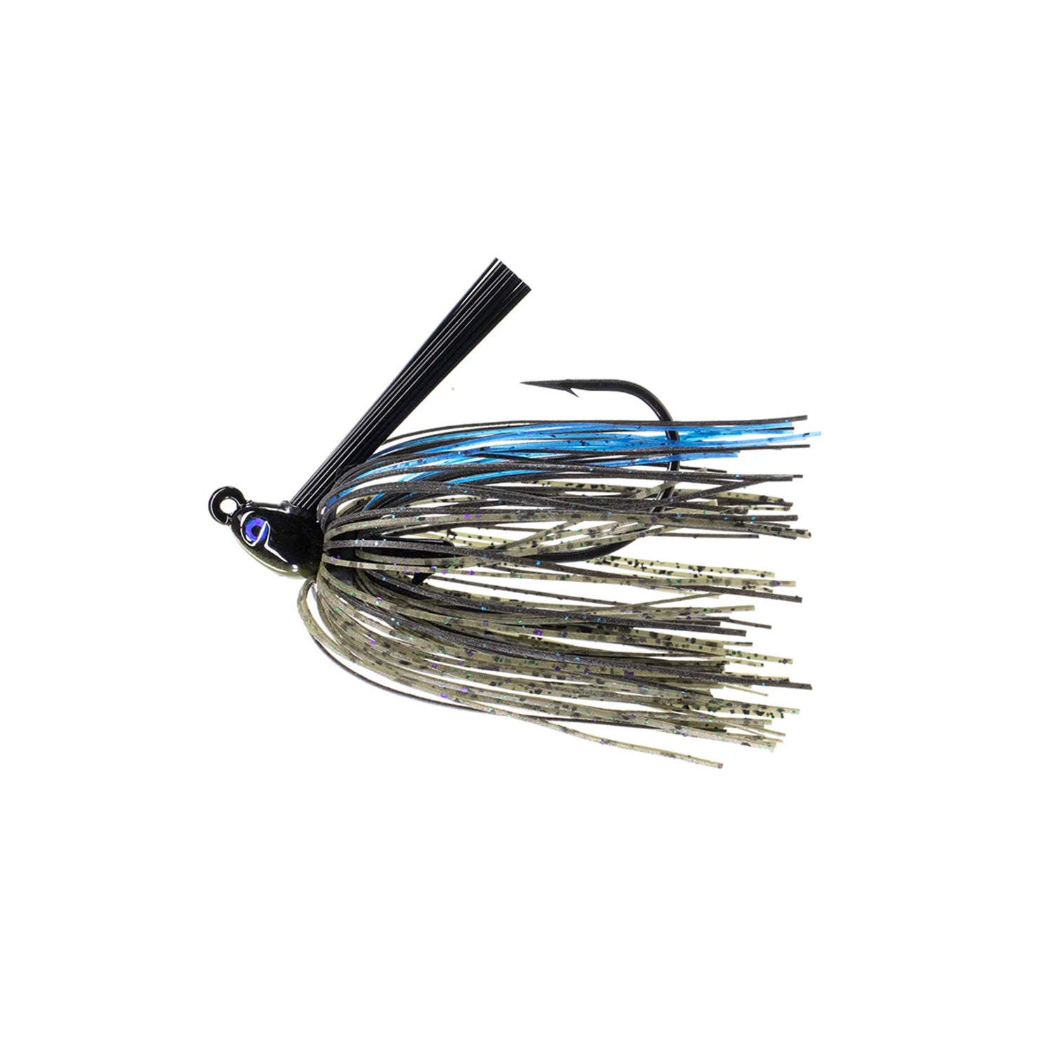 The Dirty Jigs Swim Jig by Dirty Jigs features a black Mustad hook, black weed guard, and a multi-colored skirt in blue, black, and silver, shown on a white background.