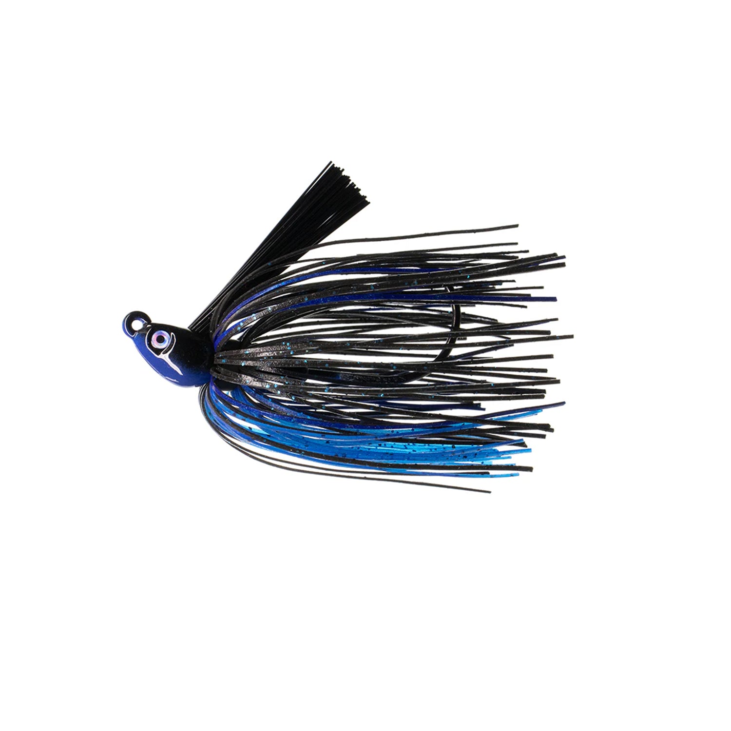 The Dirty Jigs Swim Jig by Dirty Jigs features a blue and black skirt of long rubber strands, a painted fish-shaped head with a large white eye, and comes expertly rigged on a premium Mustad hook.