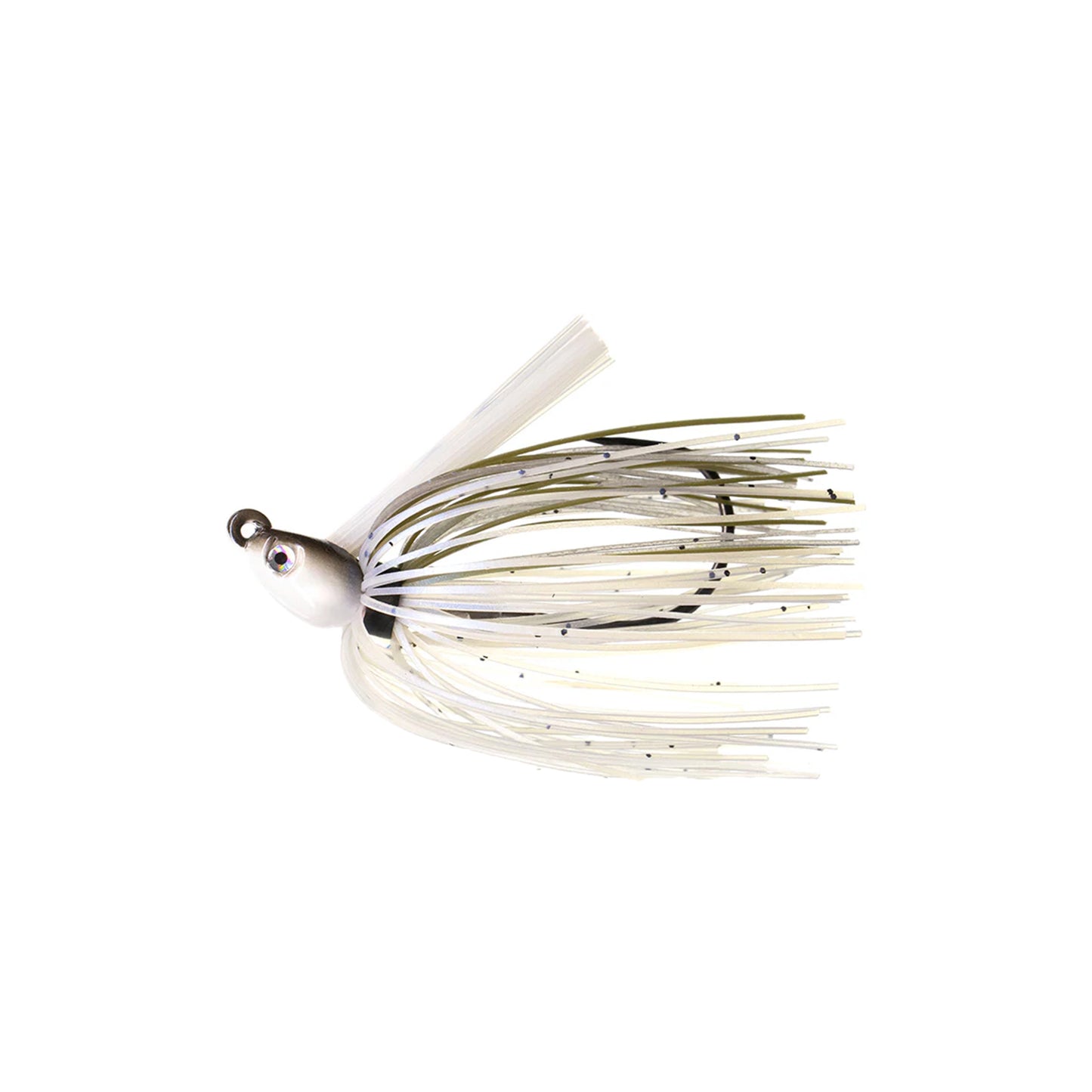 The Dirty Jigs Swim Jig by Dirty Jigs is a white and gray fishing lure with a skirt, rounded head, Mustad hook eyelet on top, and a large painted eye, shown isolated on a white background.