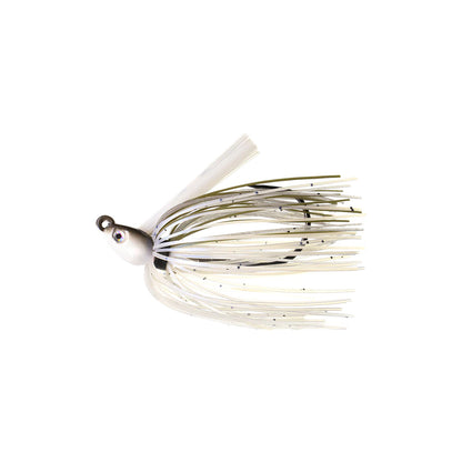 The Dirty Jigs Swim Jig by Dirty Jigs is a white and gray fishing lure with a skirt, rounded head, Mustad hook eyelet on top, and a large painted eye, shown isolated on a white background.