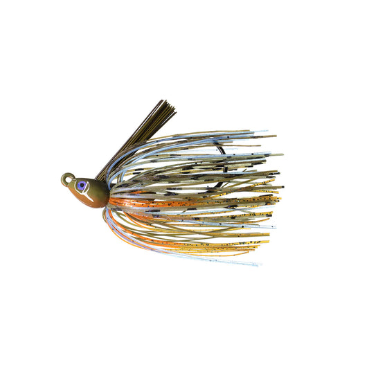 The Dirty Jigs Swim Jig by Dirty Jigs features a painted head with eye design, a multi-colored skirt in gold, brown, white, and orange tones, and is built on a strong Mustad hook for reliable performance.