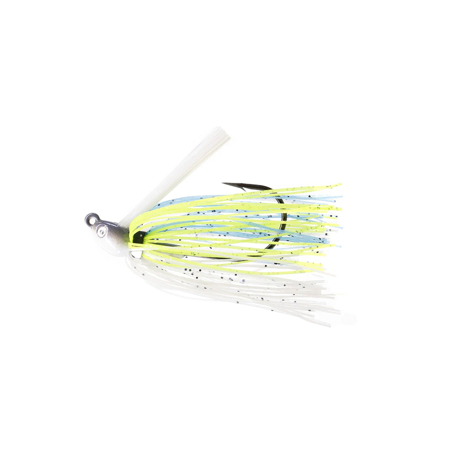 The Dirty Jigs Swim Jig by Dirty Jigs features a white and chartreuse skirt with black specks, blue accents, a silver weighted head, two painted eyes, and a sharp Mustad hook—ideal for fishing in the Coosa River.
