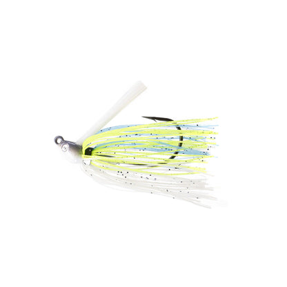 The Dirty Jigs Swim Jig by Dirty Jigs features a white and chartreuse skirt with black specks, blue accents, a silver weighted head, two painted eyes, and a sharp Mustad hook—ideal for fishing in the Coosa River.