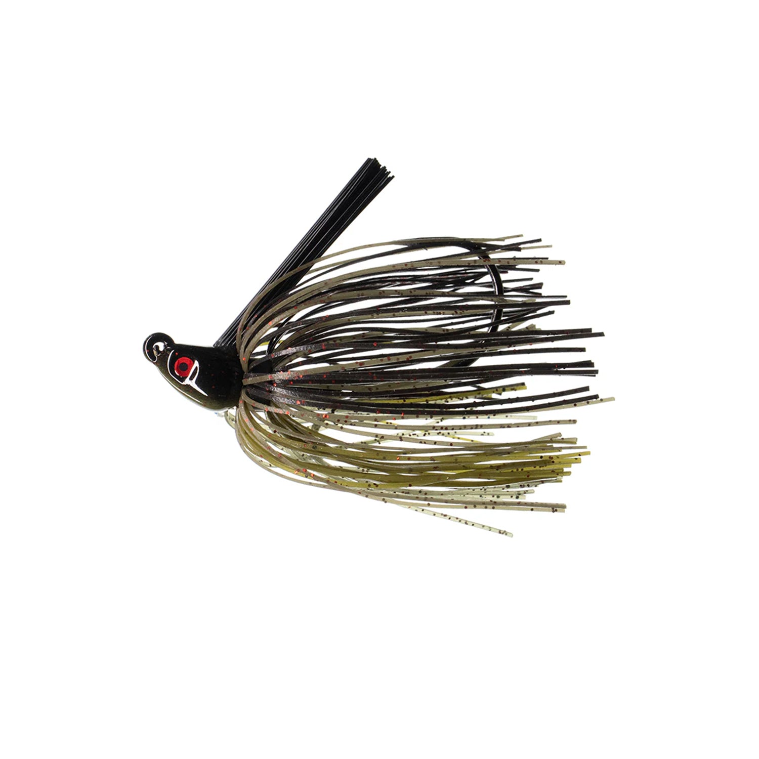 The Dirty Jigs Swim Jig by Dirty Jigs features a black head, red and white eyes, and long skirt strands in black, brown, and green with gold sparkles on a strong Mustad hook, shown against a white background.