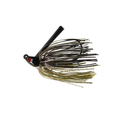 The Dirty Jigs Swim Jig by Dirty Jigs features a black head, red and white eyes, and long skirt strands in black, brown, and green with gold sparkles on a strong Mustad hook, shown against a white background.