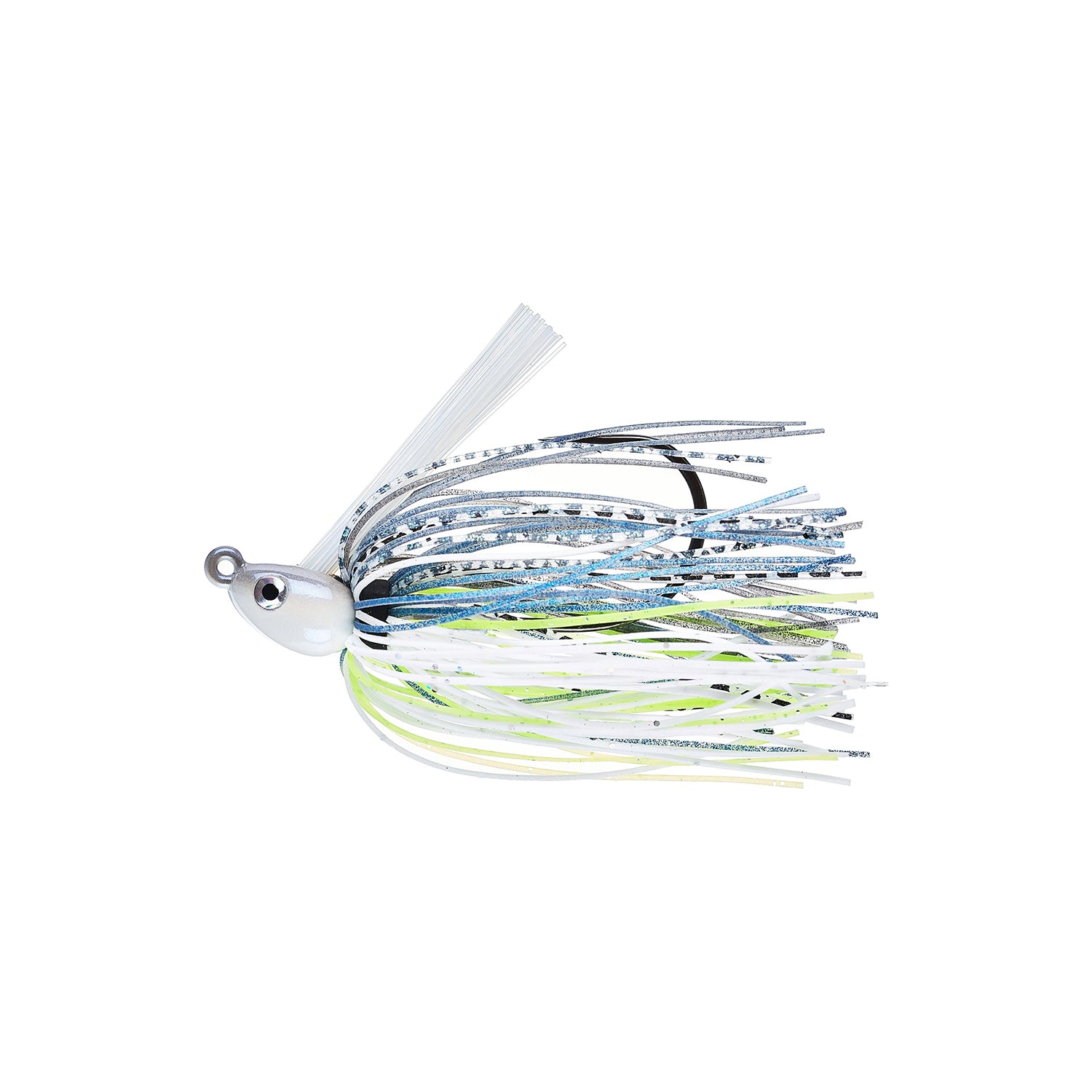 The Dirty Jigs Swim Jig by Dirty Jigs features a white head, large eyes, and a skirt with white, blue, silver, black, and green strands—ideal for realistic baitfish action while bass fishing.
