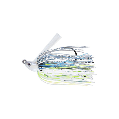 The Dirty Jigs Swim Jig by Dirty Jigs features a white head, large eyes, and a skirt with white, blue, silver, black, and green strands—ideal for realistic baitfish action while bass fishing.