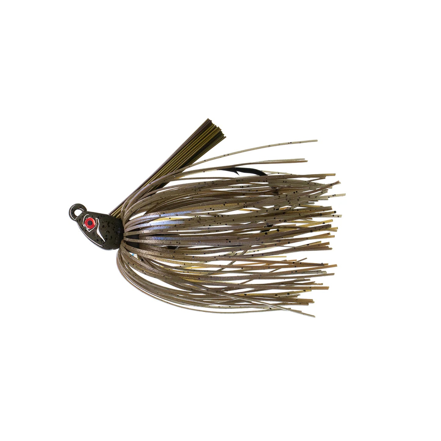 The Dirty Jigs Swim Jig by Dirty Jigs features a brown and tan skirt, weed guard, concealed hook, and a black head with red and white eye—ideal for bass fishing.