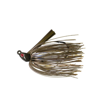 The Dirty Jigs Swim Jig by Dirty Jigs features a brown and tan skirt, weed guard, concealed hook, and a black head with red and white eye—ideal for bass fishing.