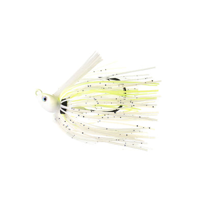 The Dirty Jigs Swim Jig by Dirty Jigs is a white and yellow Coosa River style lure with a fish-shaped head, black-specked skirt strands, and a strong Mustad hook, shown isolated on a white background.