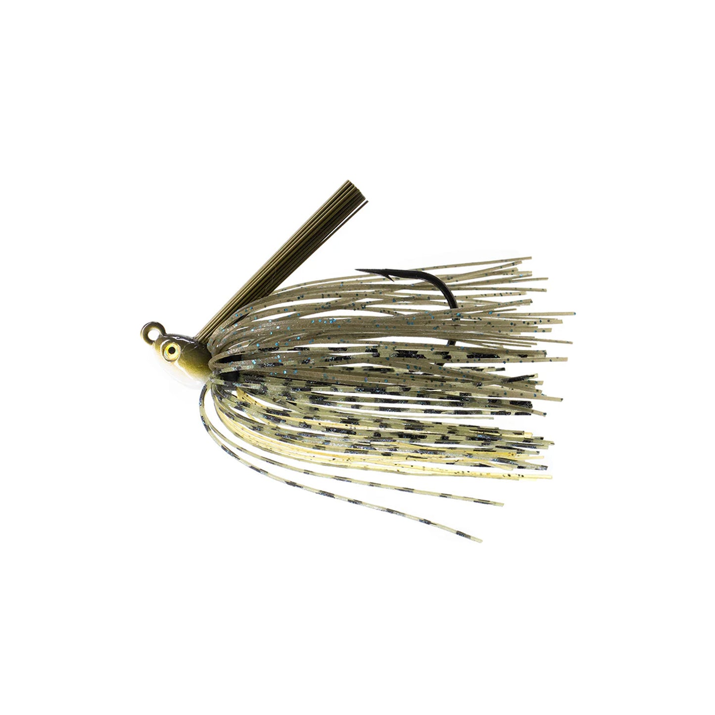 The Dirty Jigs Swim Jig by Dirty Jigs features a rounded head, weed guard, and a skirt of thin gold and black speckled strands. A single Mustad hook is visible among the skirt on a plain white background.
