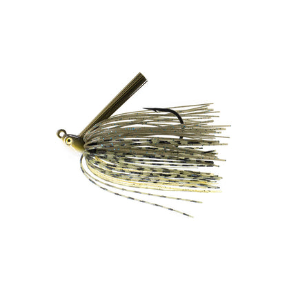 The Dirty Jigs Swim Jig by Dirty Jigs features a rounded head, weed guard, and a skirt of thin gold and black speckled strands. A single Mustad hook is visible among the skirt on a plain white background.