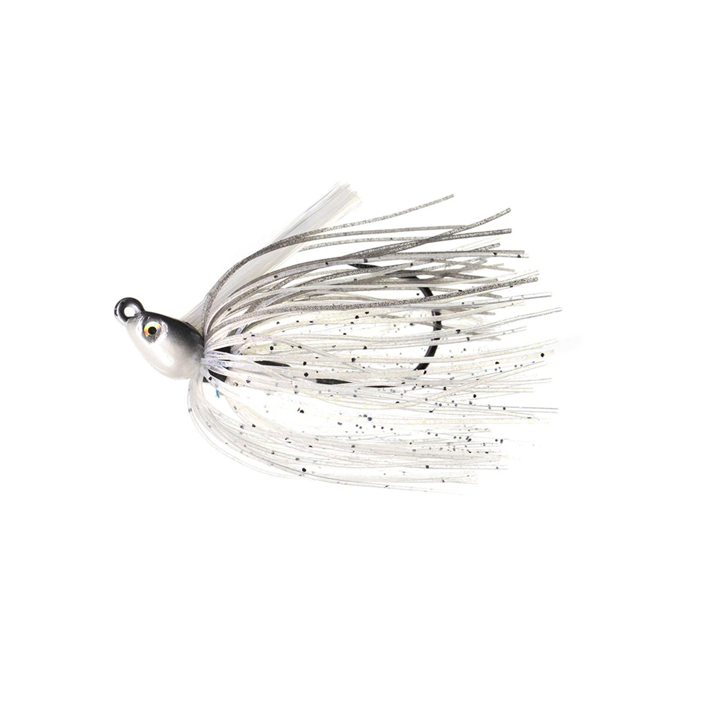 The Dirty Jigs Swim Jig by Dirty Jigs is a white lure featuring a round weighted head, large eye detail, Mustad hook, and multiple flexible skirt strands with black specks to effectively attract fish.