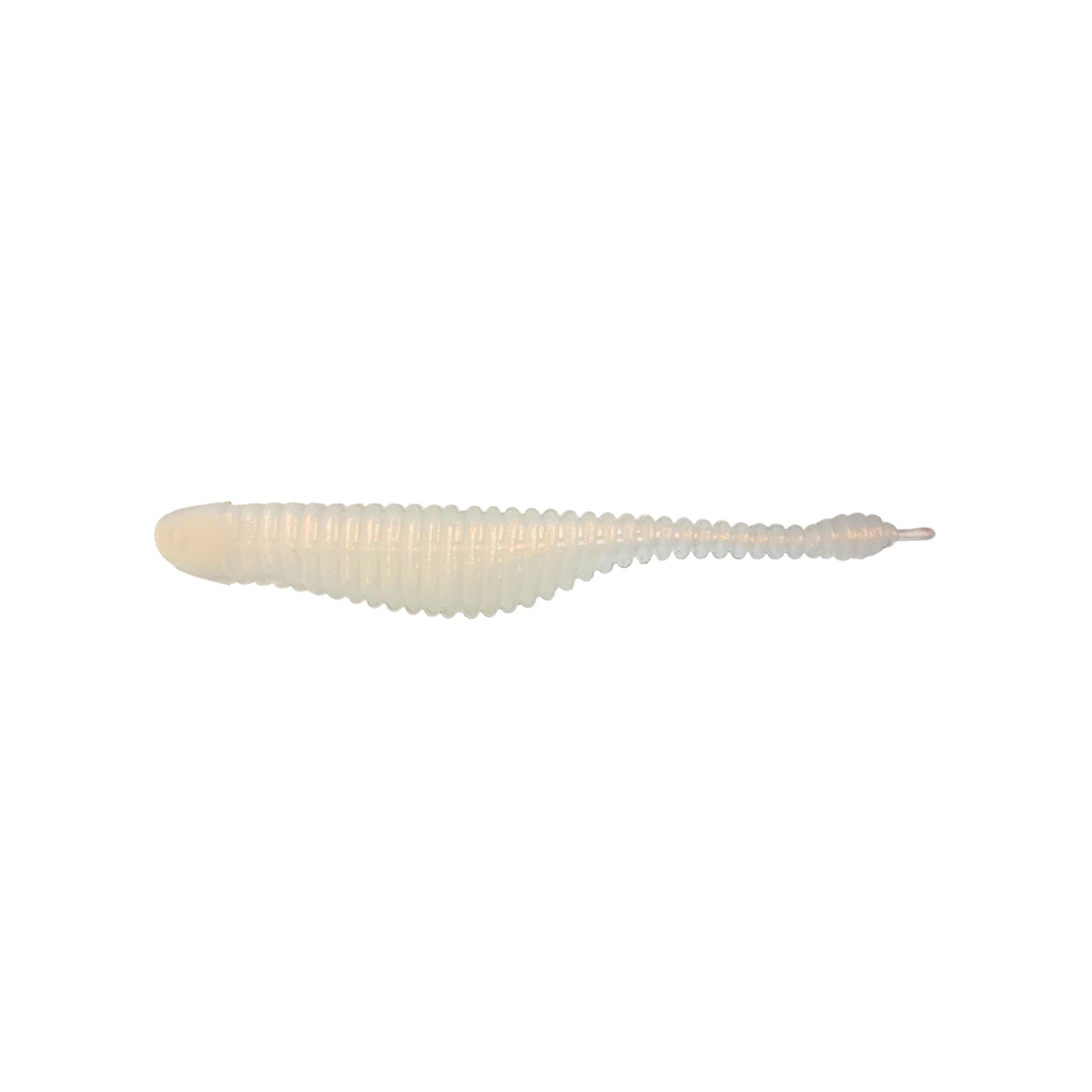 The Great Lakes Finesse Drop Minnow Micro 2.25" (8pk) by Great Lakes Finesse is a translucent, ribbed soft plastic finesse fishing lure with a tapered body and pointed tail, shown against a white background.