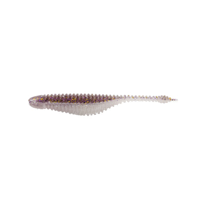 The Great Lakes Finesse Drop Minnow Micro 2.25" (8pk) is a soft plastic finesse fishing lure with a translucent body, purple back, and gold glitter, shaped like a small baitfish—perfect as drop shot bait.