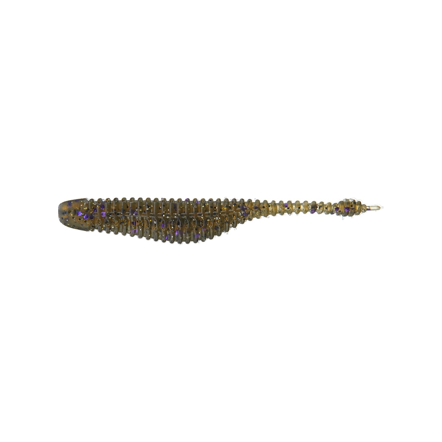 The Great Lakes Finesse Drop Minnow 2.75" (8pk), a ribbed brown and purple soft plastic baitfish lure, is perfect for drop shot or Damiki rig techniques. Shown on a white background.