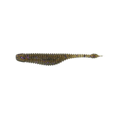 The Great Lakes Finesse Drop Minnow 2.75" (8pk), a ribbed brown and purple soft plastic baitfish lure, is perfect for drop shot or Damiki rig techniques. Shown on a white background.