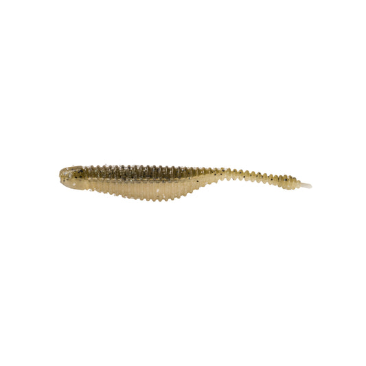 The Great Lakes Finesse Drop Minnow Micro 2.25" 8pk, a light brown translucent soft plastic lure with a ribbed body and tapered tail, is shown on a white background. Perfect for finesse fishing by Great Lakes Finesse.