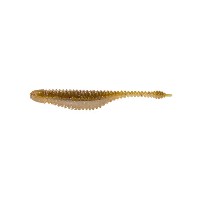 The Great Lakes Finesse Drop Minnow Micro 2.25" 8pk by Great Lakes Finesse features a soft, ribbed body in brownish-green with a tapered tail, shown against a white background.