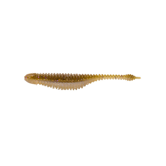 The Great Lakes Finesse Drop Minnow Micro 2.25" 8pk by Great Lakes Finesse features a soft, ribbed body in brownish-green with a tapered tail, shown against a white background.