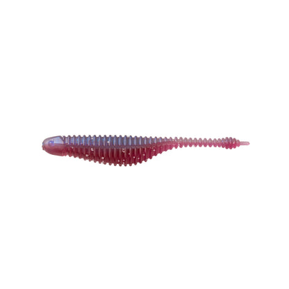 The Great Lakes Finesse Drop Minnow Micro 2.25" (8pk) is a ribbed, soft plastic finesse lure in purple and pink, shaped like a small fish or worm—ideal for drop shot fishing. Displayed on a white background.