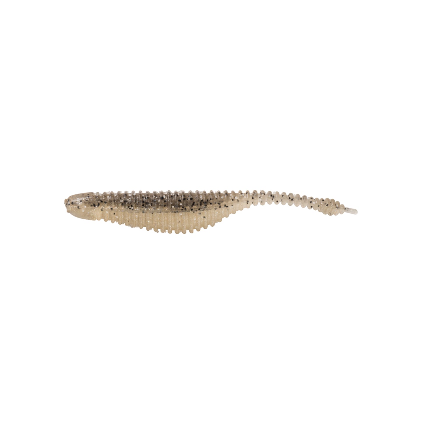 The Great Lakes Finesse Drop Minnow Micro 2.25" by Great Lakes Finesse is a beige, dark-speckled finesse lure with a ribbed body and tapered tail, shaped like a small fish. Comes in an 8 pack and shown on a white background.