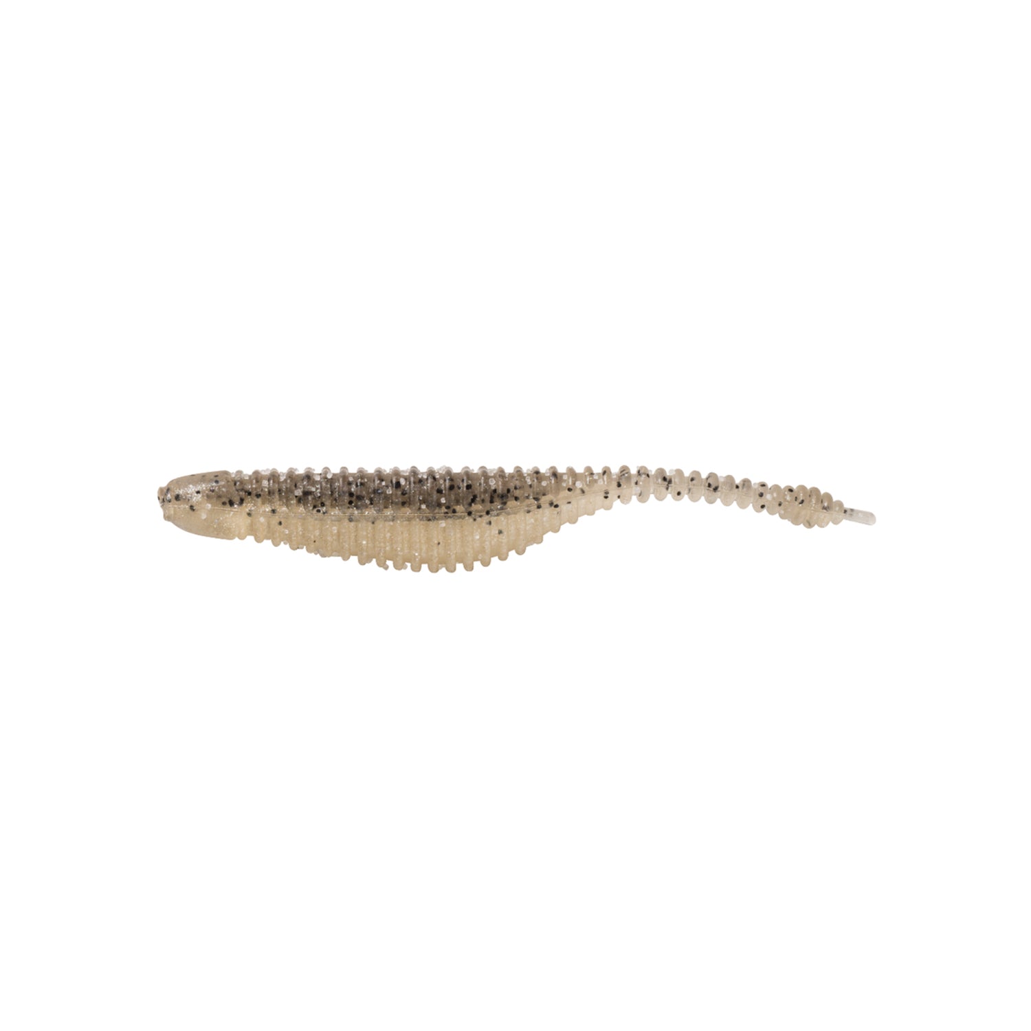 The Great Lakes Finesse Drop Minnow Micro 2.25" by Great Lakes Finesse is a beige, dark-speckled finesse lure with a ribbed body and tapered tail, shaped like a small fish. Comes in an 8 pack and shown on a white background.