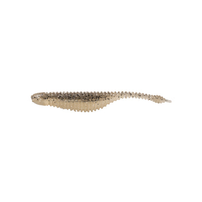 The Great Lakes Finesse Drop Minnow Micro 2.25" by Great Lakes Finesse is a beige, dark-speckled finesse lure with a ribbed body and tapered tail, shaped like a small fish. Comes in an 8 pack and shown on a white background.