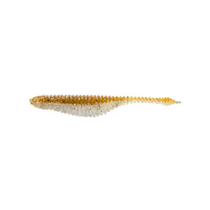 The Great Lakes Finesse Drop Minnow Micro 2.25" (8pk) by Great Lakes Finesse is a soft plastic lure with a ribbed texture that fades from gold at the head to white at the tail, shown against a plain white background.