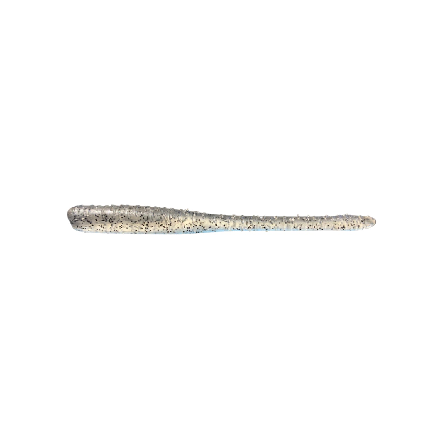The Great Lakes Finesse Drop Worm 4" 8pk is a soft plastic, neutrally buoyant dropshot bait shaped like a small fish in light gray with black speckles, slightly tapered at one end, shown on a white background.