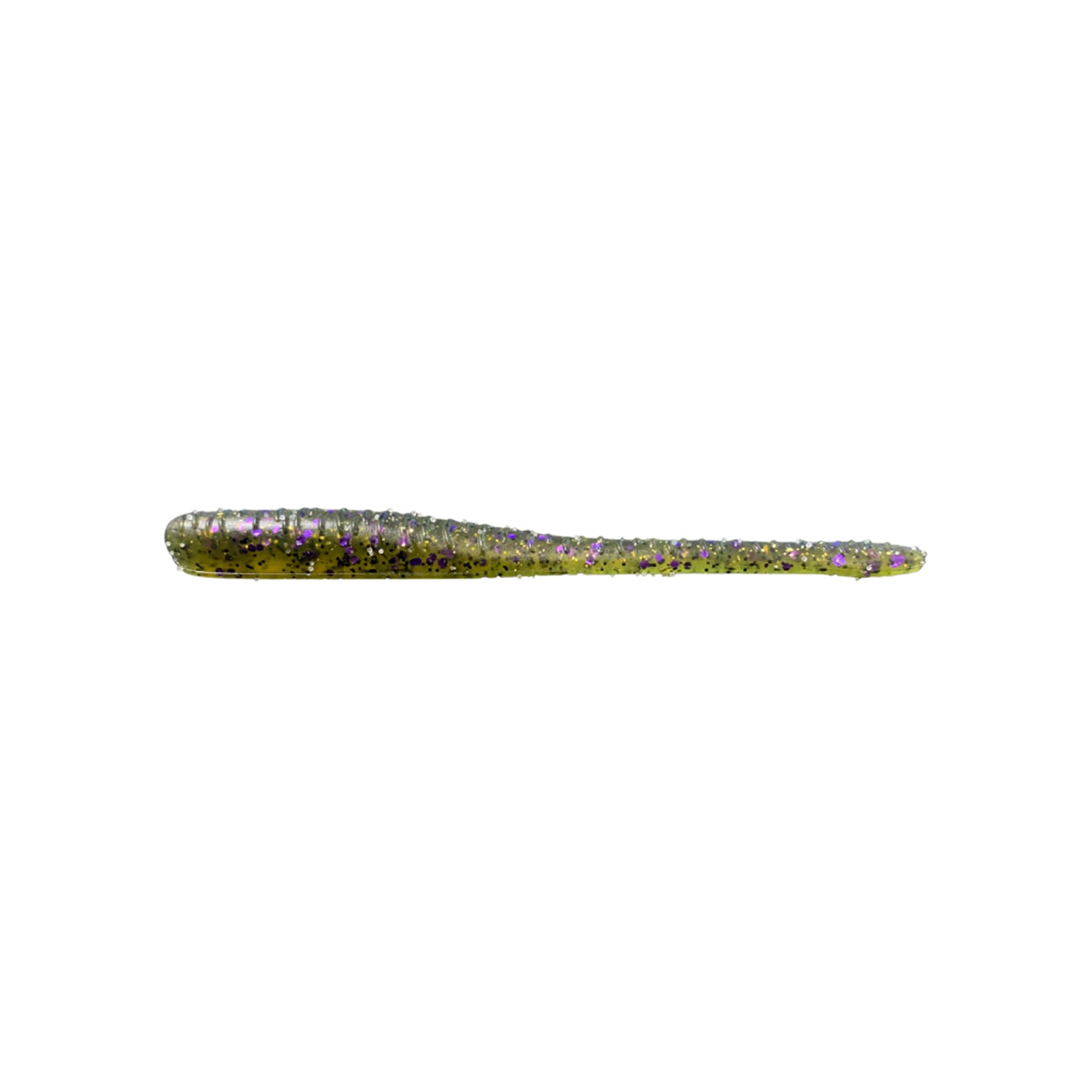 The Great Lakes Finesse Drop Worm 4" (8pk) is a greenish-brown soft plastic lure with purple and silver glitter, designed for dropshot fishing. It features neutral buoyancy and a tapered worm shape. Shown on a white background.