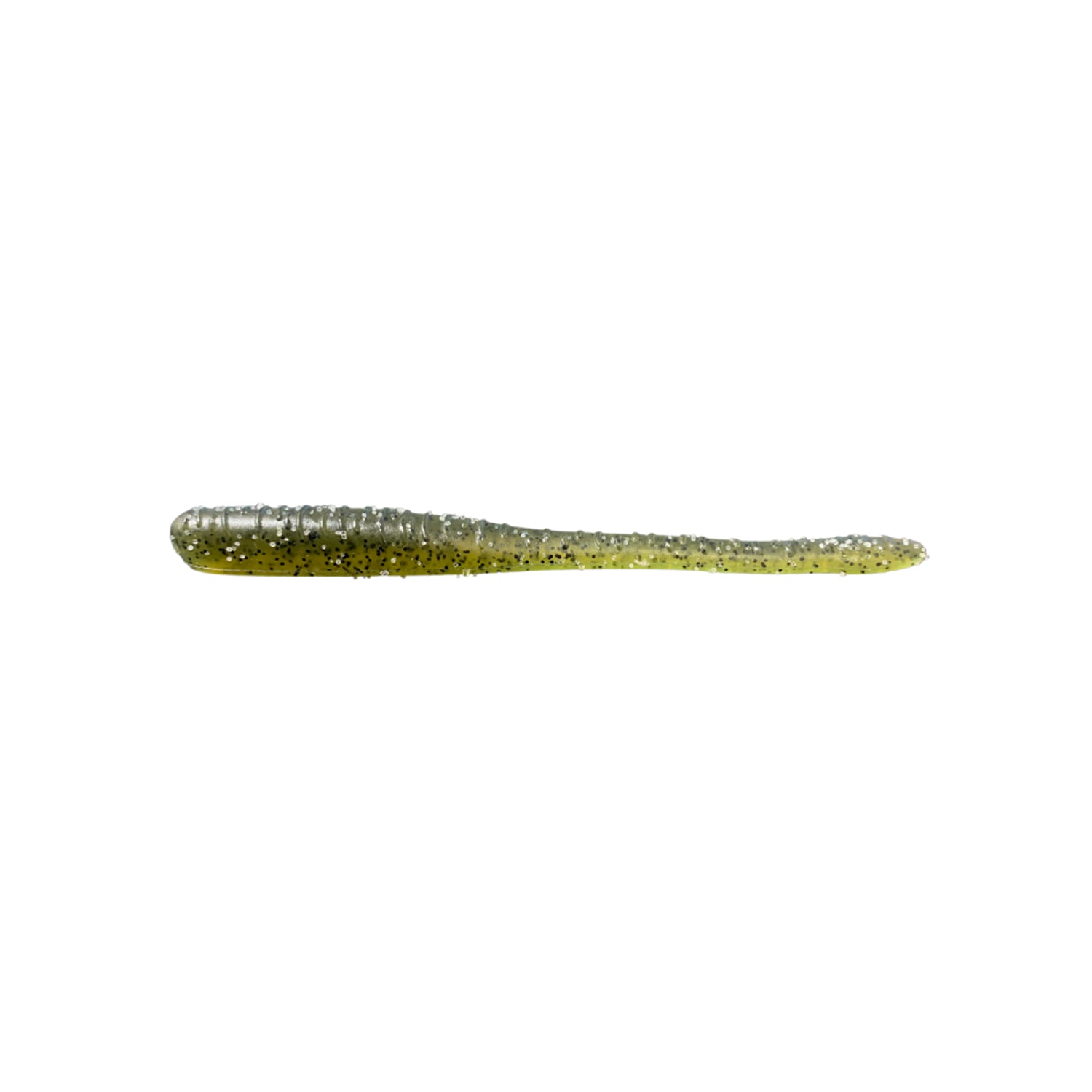 The Great Lakes Finesse Drop Worm 4" 8pk is a soft plastic, neutral buoyancy lure shaped like a small worm in greenish-yellow with black speckles—perfect dropshot bait from Great Lakes Finesse.