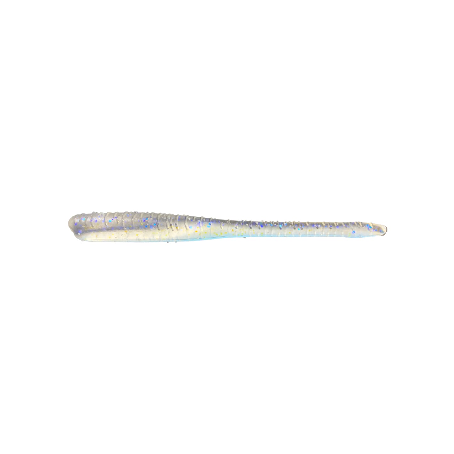 The Great Lakes Finesse Drop Worm 4" 8pk is a soft plastic, neutrally buoyant lure with a slender, tapered translucent body and blue-silver glitter accents—perfect as dropshot bait.