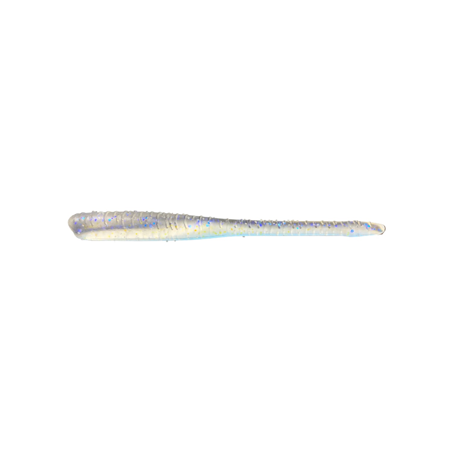 The Great Lakes Finesse Drop Worm 4" 8pk is a soft plastic, neutrally buoyant lure with a slender, tapered translucent body and blue-silver glitter accents—perfect as dropshot bait.