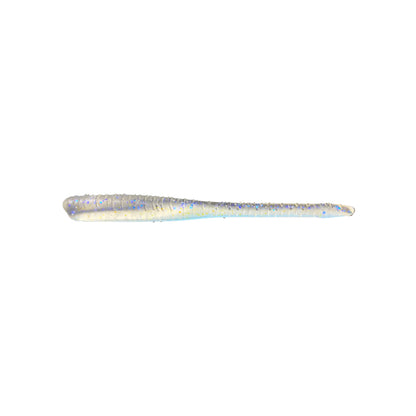 The Great Lakes Finesse Drop Worm 4" 8pk is a soft plastic, neutrally buoyant lure with a slender, tapered translucent body and blue-silver glitter accents—perfect as dropshot bait.