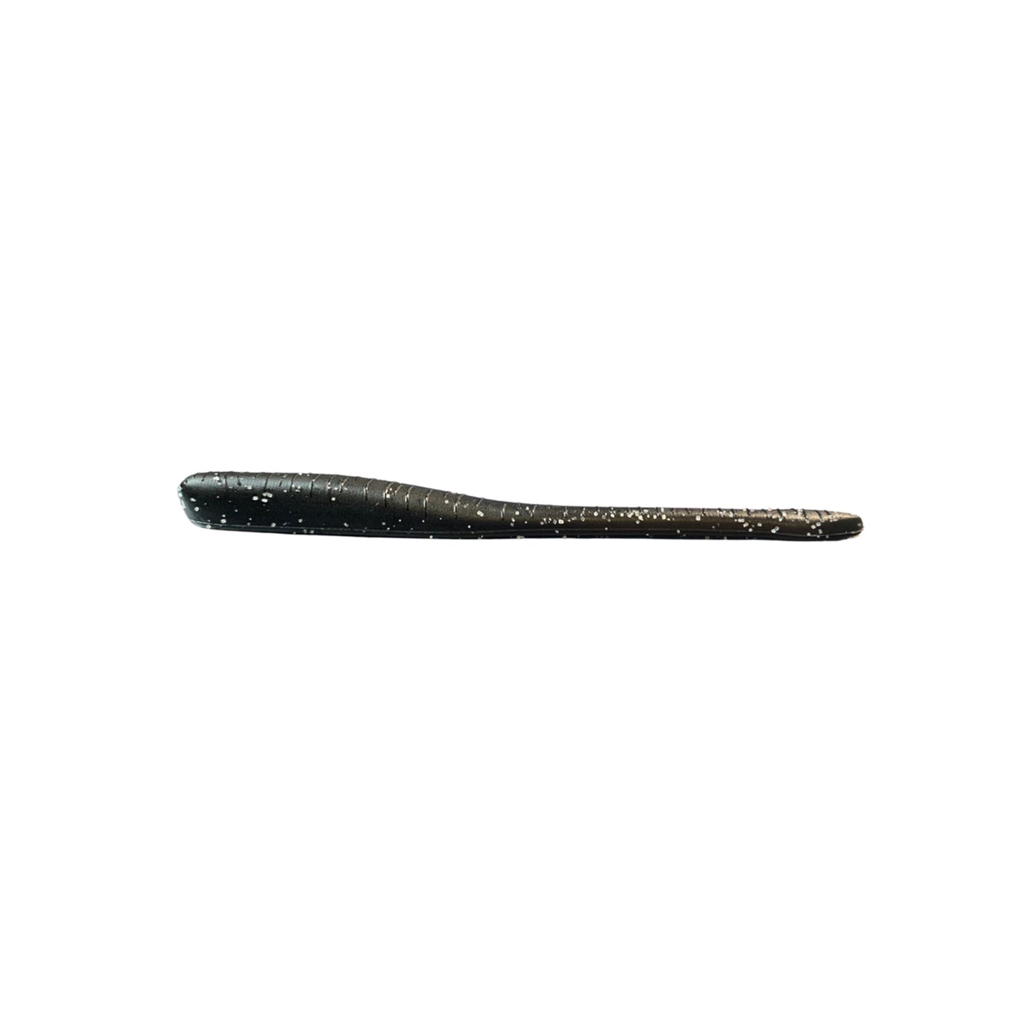 The Great Lakes Finesse Drop Worm 4" 8pk by Great Lakes Finesse is a black, soft plastic lure with neutral buoyancy, a tapered worm shape, and silver specks, shown on a white background.