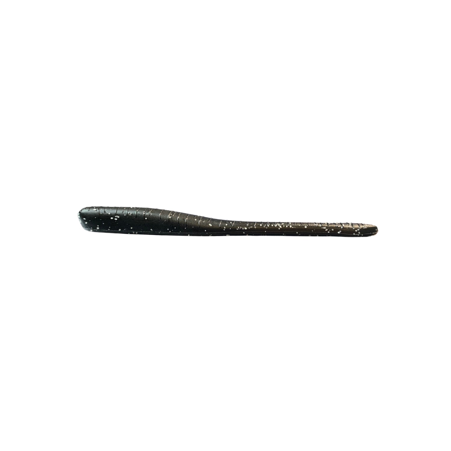 The Great Lakes Finesse Drop Worm 4" 8pk by Great Lakes Finesse is a black, soft plastic lure with neutral buoyancy, a tapered worm shape, and silver specks, shown on a white background.