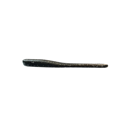 The Great Lakes Finesse Drop Worm 4" 8pk by Great Lakes Finesse is a black, soft plastic lure with neutral buoyancy, a tapered worm shape, and silver specks, shown on a white background.