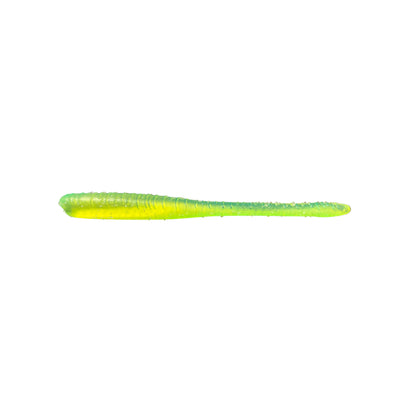 The Great Lakes Finesse Drop Worm 4" 8pk by Great Lakes Finesse is a soft plastic ribbed worm lure in green and yellow, featuring neutral buoyancy and photographed isolated on a white background.