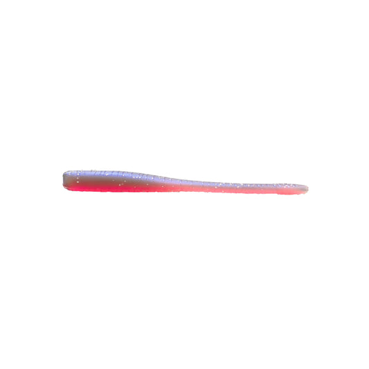 The Great Lakes Finesse Drop Worm 4" (8pk) by Great Lakes Finesse is a soft plastic dropshot bait with a tapered body, featuring a purple and silver top and bright pink underside, shown on a white background.