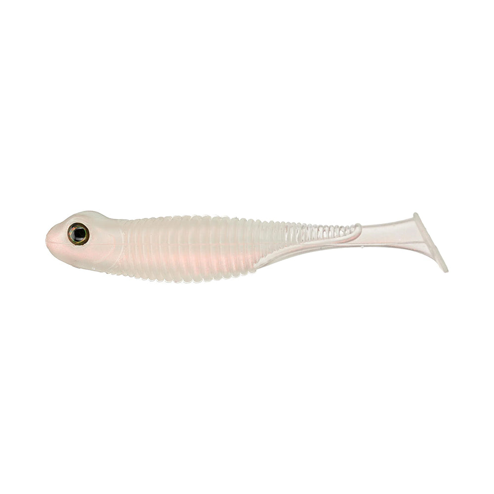 The Great Lakes Finesse Dropkick Shad 2.75" 6pk is a translucent, ribbed soft plastic swimbait shaped like a small fish with a large realistic eye and paddle tail, shown on a plain white background.