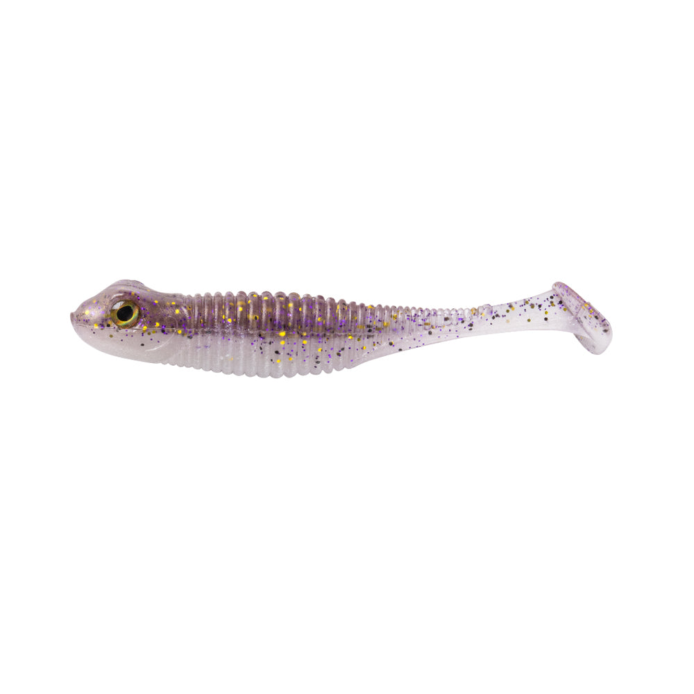 The Great Lakes Finesse Dropkick Shad 2.75" 6pk is a soft, finesse swimbait shaped like a small fish with translucent purple color, gold and black glitter, a ribbed body, and a paddle tail.