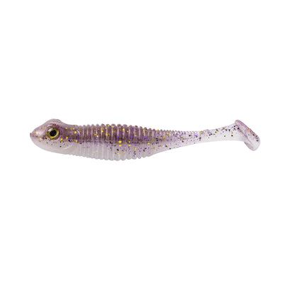 The Great Lakes Finesse Dropkick Shad 2.75" 6pk is a soft, finesse swimbait shaped like a small fish with translucent purple color, gold and black glitter, a ribbed body, and a paddle tail.