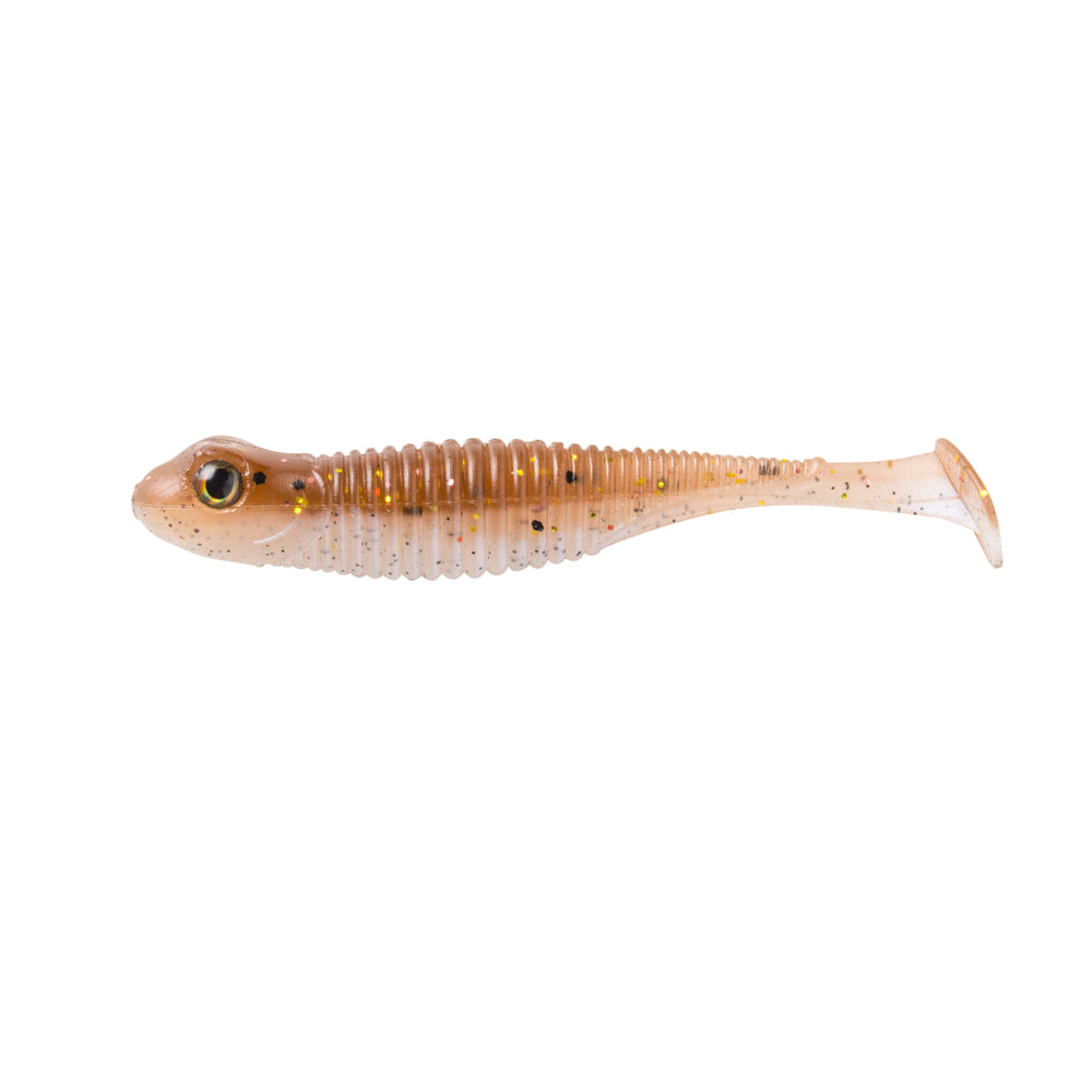 The Great Lakes Finesse Dropkick Shad 2.75" (6pk) is a soft plastic finesse swimbait shaped like a small fish, light brown with a ribbed body, black and gold eyes, and a rounded paddle tail. Brand: Great Lakes Finesse.