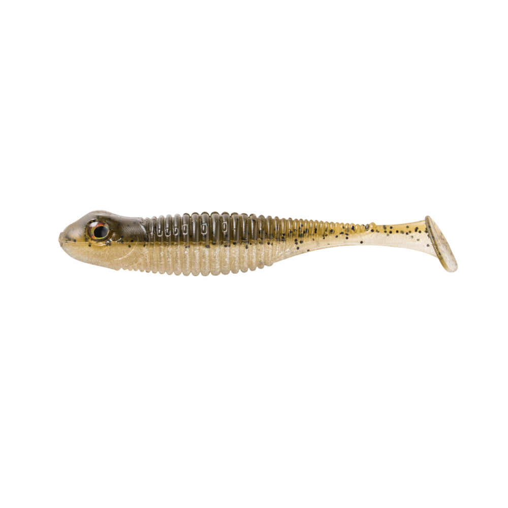 The Great Lakes Finesse Dropkick Shad 2.75" (6pk) is a soft plastic swimbait by Great Lakes Finesse featuring a ribbed body, tapered tail, and a dark brown to translucent beige gradient with black specks.