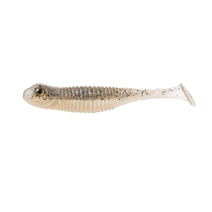 The Great Lakes Finesse Dropkick Shad 2.75" 6pk is a soft plastic paddle tail swimbait shaped like a small fish, with a slender translucent tail for realistic swimming action and lifelike light brown coloring.