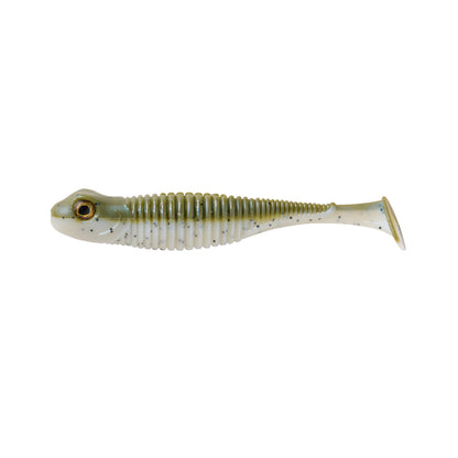 The Great Lakes Finesse Dropkick Shad 2.75" is a soft plastic paddle tail swimbait shaped like a small fish, with a greenish-brown back, ribbed white belly, yellow eye, and lifelike tail; comes in a 6 pack.