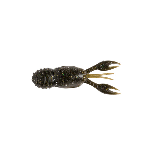 The Great Lakes Finesse Juvy Craw Tube Micro 2" 8pk is a soft plastic lure shaped like a juvenile crawfish, dark green with speckles and two claw-like appendages.